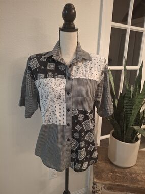 Vintage Black and White Patchwork Button-Up Blouse